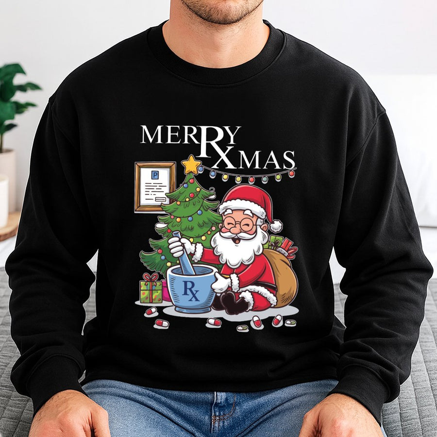 Pharmacy Christmas Sweatshirt | Santa Mortar and Pestle Graphic | Premium Cotton Blend | Funny Pharmacist Gift for Pharm Tech and Pharmacy Student