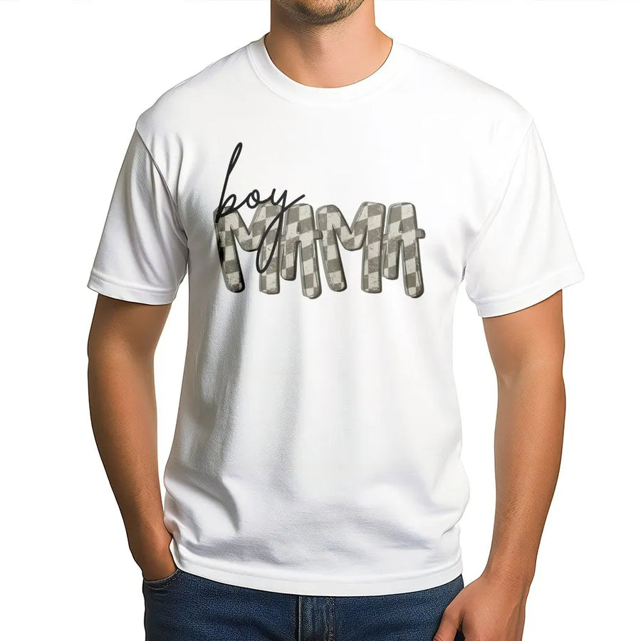 Boy Mama T-Shirt | Retro Checkered Graphic Crewneck | Premium Cotton Blend | Mothers Day Gift for Mom of Boys