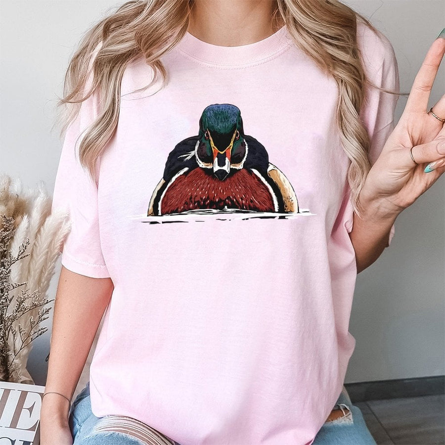Wood Duck Graphic T-Shirt | Realistic Waterfowl Hunting Art | Premium 100% Cotton Tee | Gift for Duck Hunters and Outdoorsmen