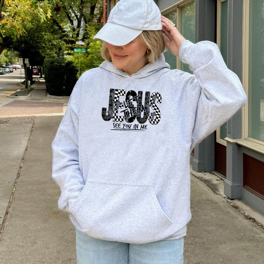 Jesus Let Them See You In Me Hoodie | Checkerboard Cross Religious Graphic | Premium Cotton Blend | Faith-Based Christian Gift for Women and Men
