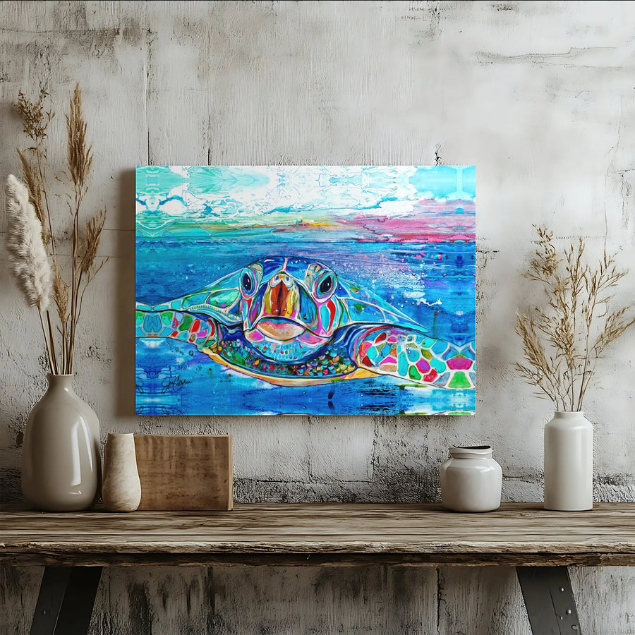 Sea Turtle Canvas Wall Art | Vibrant Watercolor Sea Turtle Print | Thick Gallery Wrap Canvas | Coastal Beach House Decor Gift
