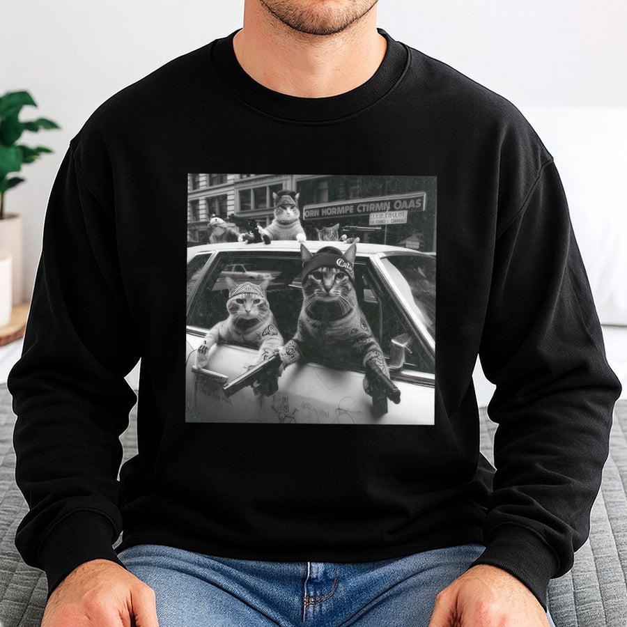 Gangster Cat Graphic Sweatshirt | Funny Meme Streetwear Design | Premium Cotton Blend | Retro Cat Lover Gift For Men And Women