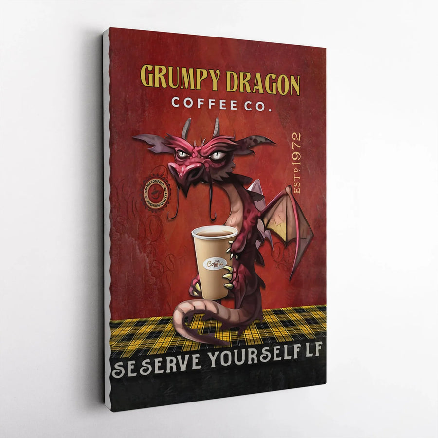 Grumpy Dragon Coffee Sign Canvas Wall Art | Funny Coffee Lover Illustration | Premium Gallery Wrap Decor | Unique Kitchen Coffee Bar Gift