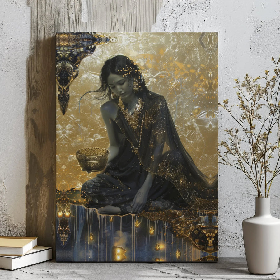 Mystical Goddess Canvas Wall Art | Golden Indian Woman Design | Premium Gallery Wrap Print | Elegant Spiritual Home Decor Gift