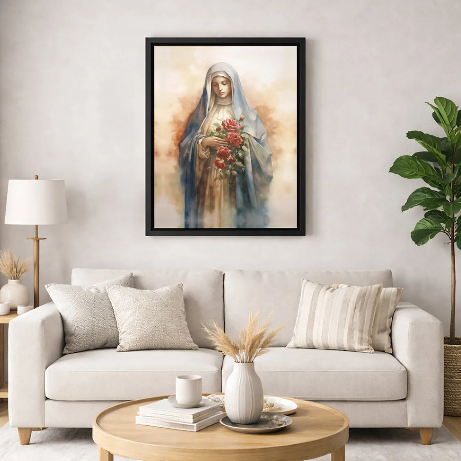 Virgin Mary Canvas Print | Watercolor Religious Wall Art with Red Roses | Gallery-Quality 1.25 Inch Thick Profile | Spiritual Home Decor Gift