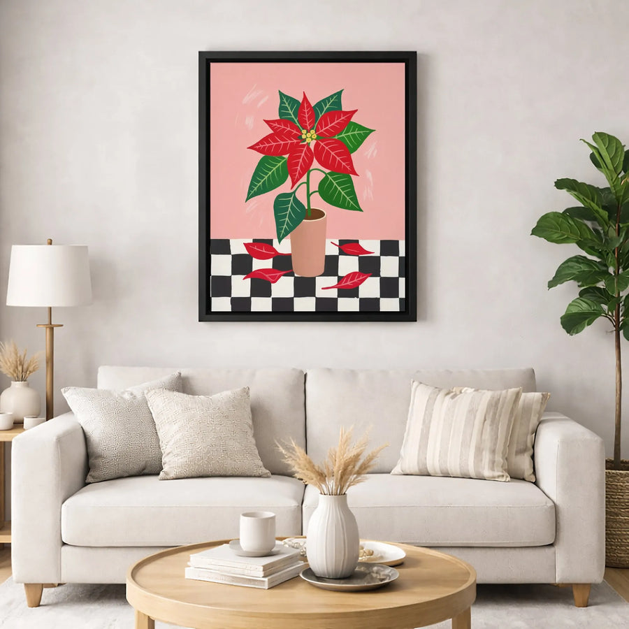 Poinsettia Wall Art | Modern Floral Botanical Print | Premium Gallery Wrapped Canvas | Festive Holiday Home Decor Gift