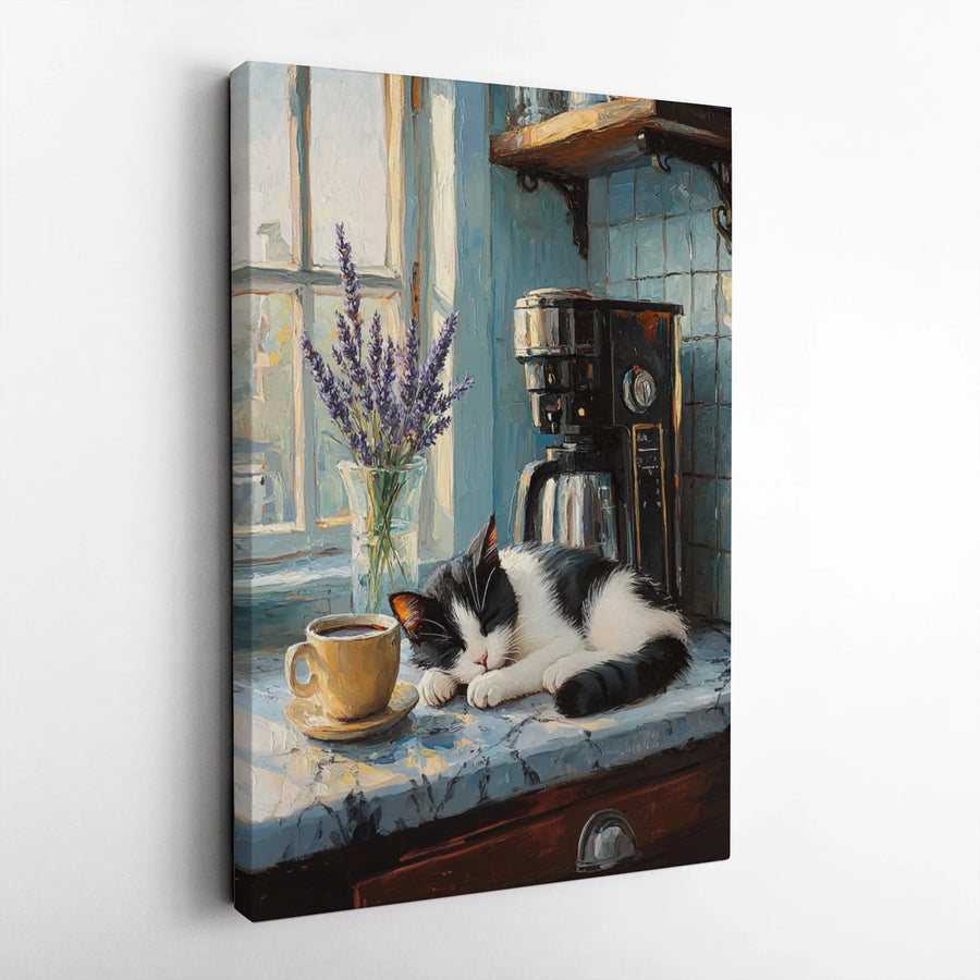 Sleeping Cat Canvas Wall Art | Whimsical Kitchen Scene with Coffee and Lavender | Premium Gallery Wrap Decor | Cozy Gift for Cat Lovers