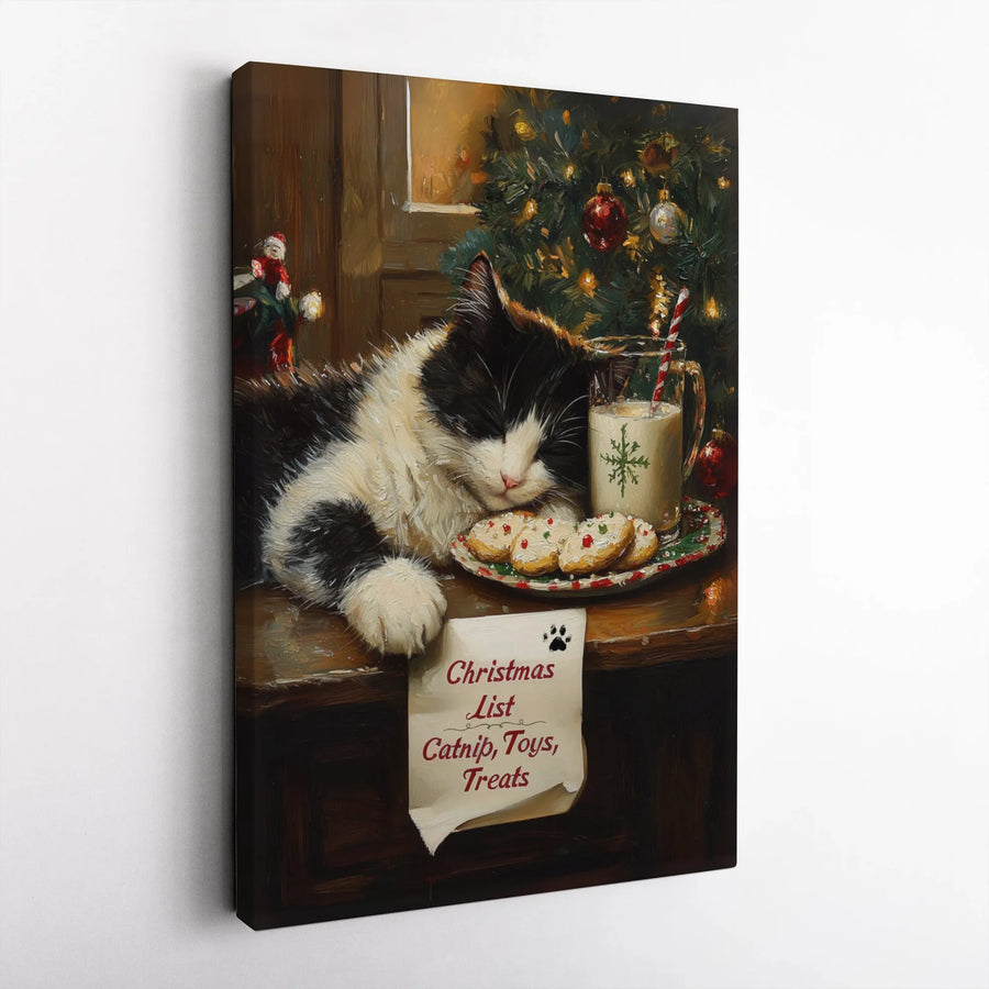 Sleeping Cat Christmas Canvas | Holiday Kitten With Milk And Cookies Print | Premium Gallery-Wrapped Wall Art | Cute Cat Lover Gift Home Decor