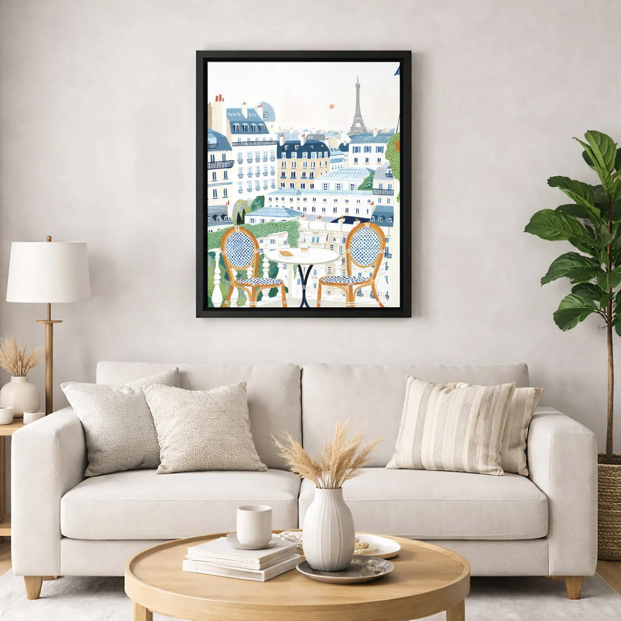 Paris Balcony Canvas Art | Eiffel Tower Cafe Illustration | Premium Gallery Wrapped Print | French Home Decor Gift