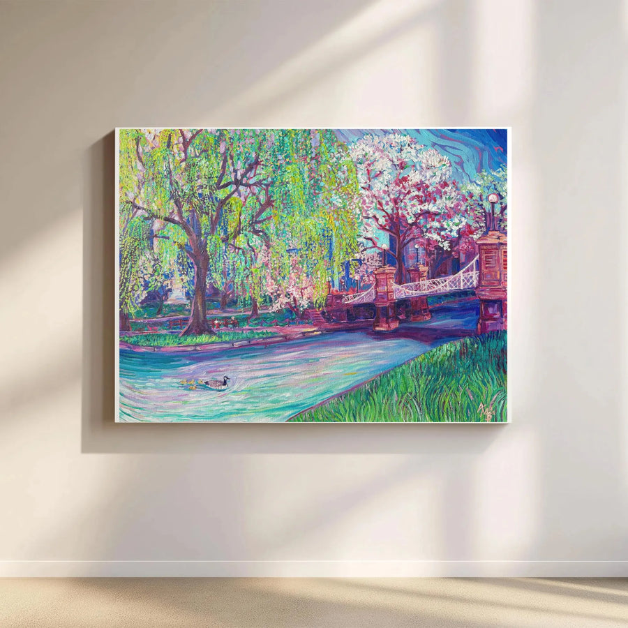 Impressionist Park Canvas Wall Art | Colorful River Bridge Landscape | Premium Fade-Resistant Gallery Print | Nature Home Decor Gift