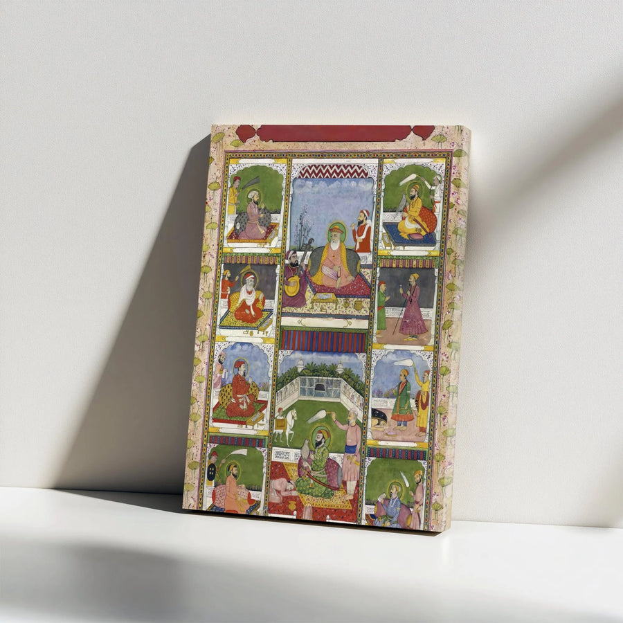 Ten Sikh Gurus Canvas Print | Traditional Indian Miniature Painting | Premium Gallery Wrapped Wall Art | Religious Home Decor Gift for Devotees