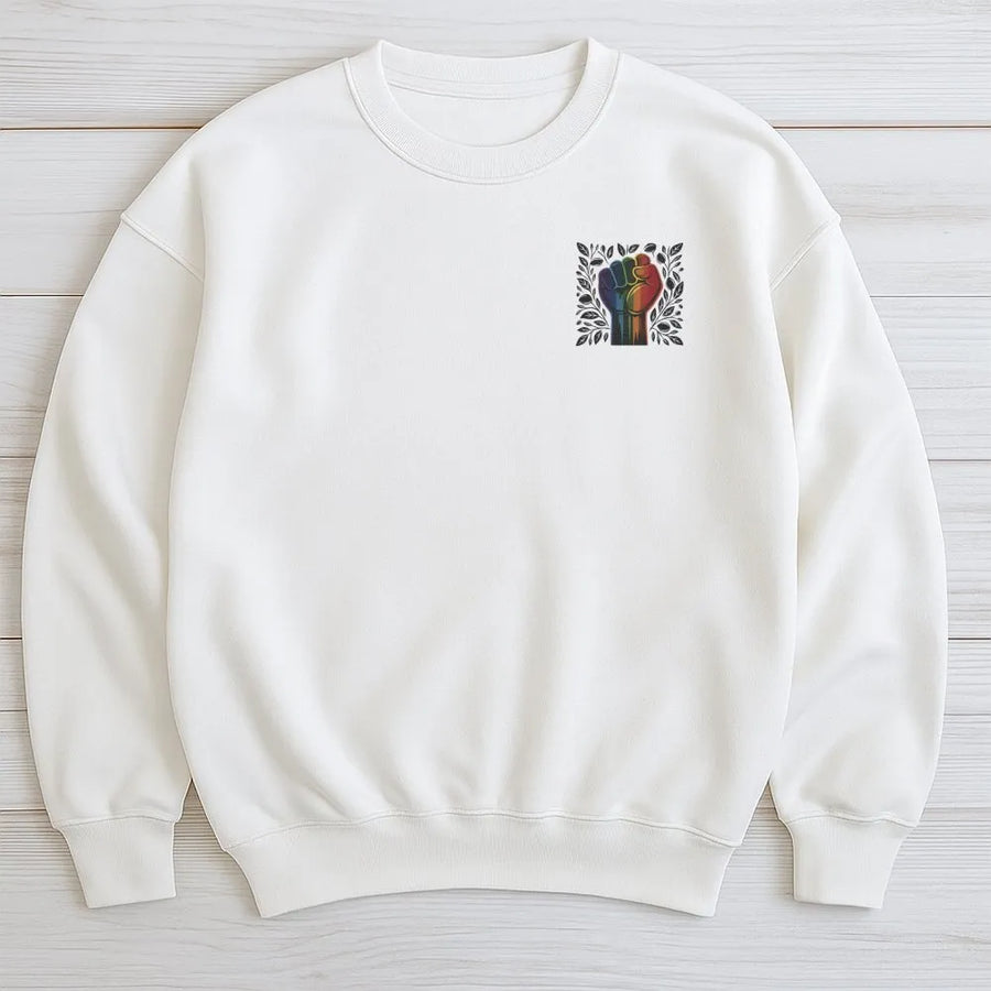 Pride Fist Sweatshirt | Rainbow Social Justice Graphic | Premium Cotton Blend | Equality Activism Gift for Her and Him