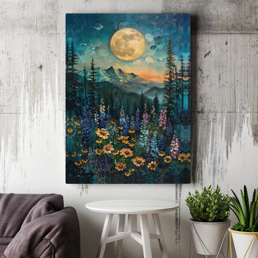 Full Moon Mountain Canvas Wall Art | Impasto Wildflower Meadow Landscape | Gallery-Wrapped Premium Print | Nature-Inspired Home Decor Gift