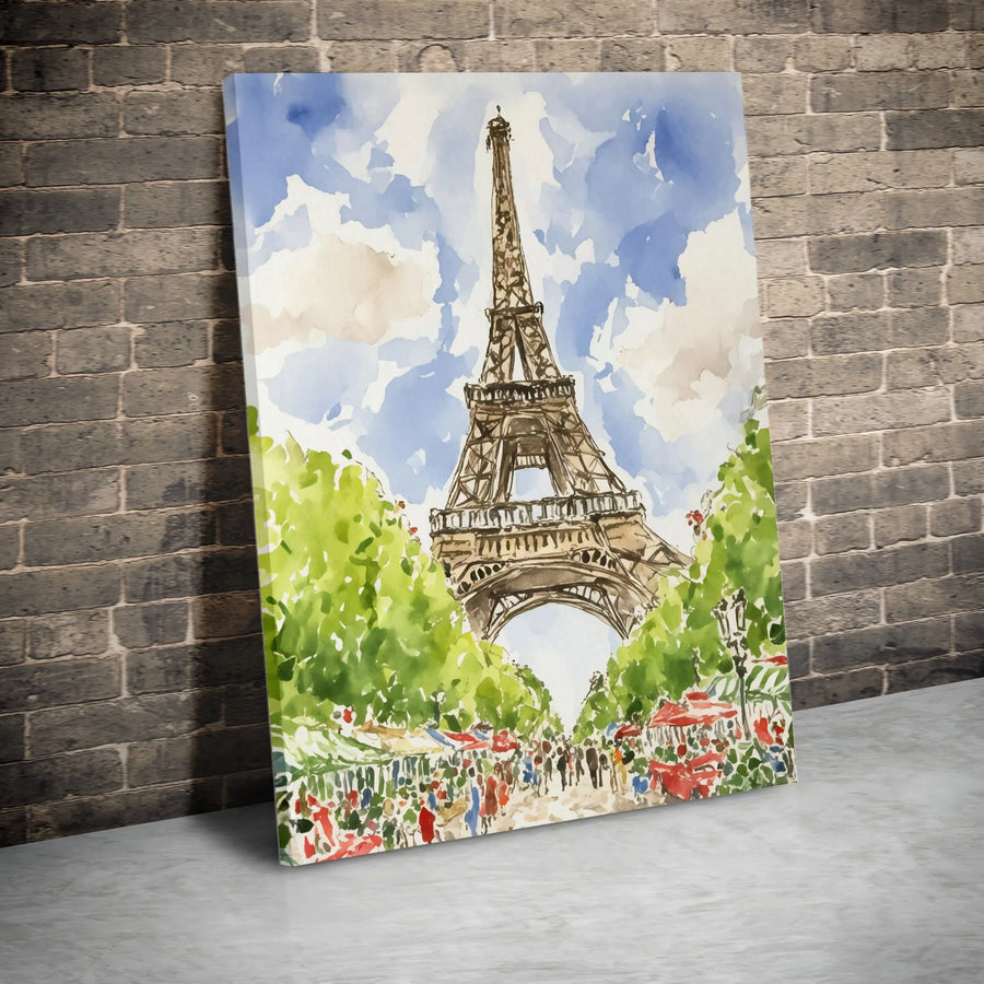 Eiffel Tower Canvas Wall Art | Watercolor Paris Street Market Print | Premium Gallery Wrap Decor | Travel Gift for France Lovers