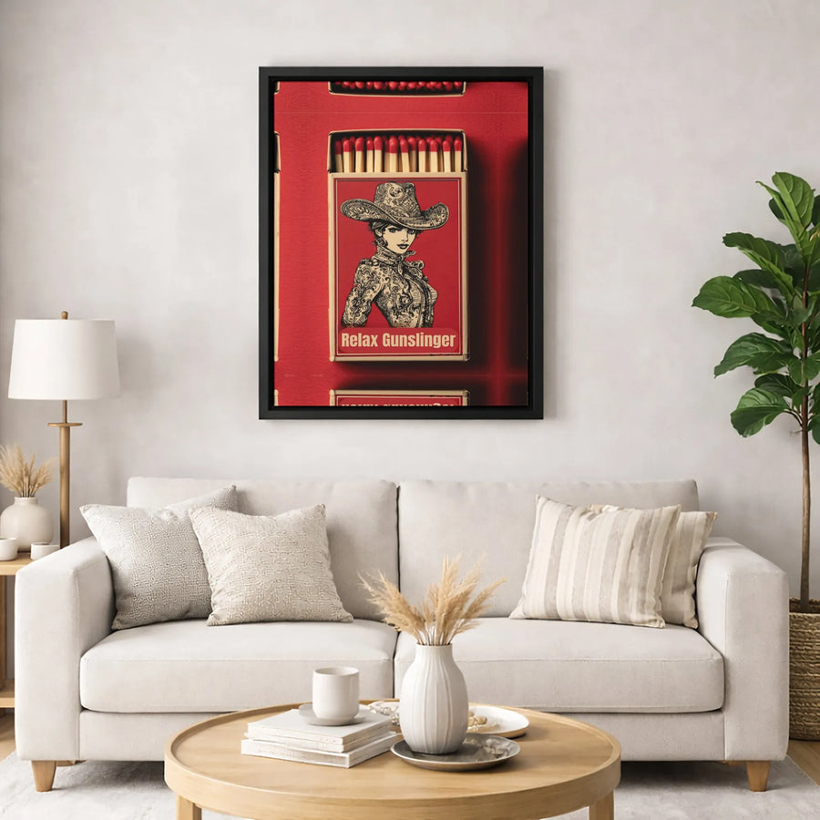 Relax Gunslinger Cowgirl Canvas Wall Art | Vintage Matchbox Poster Design | Premium Fade-Resistant Print | Western Home Decor Gift