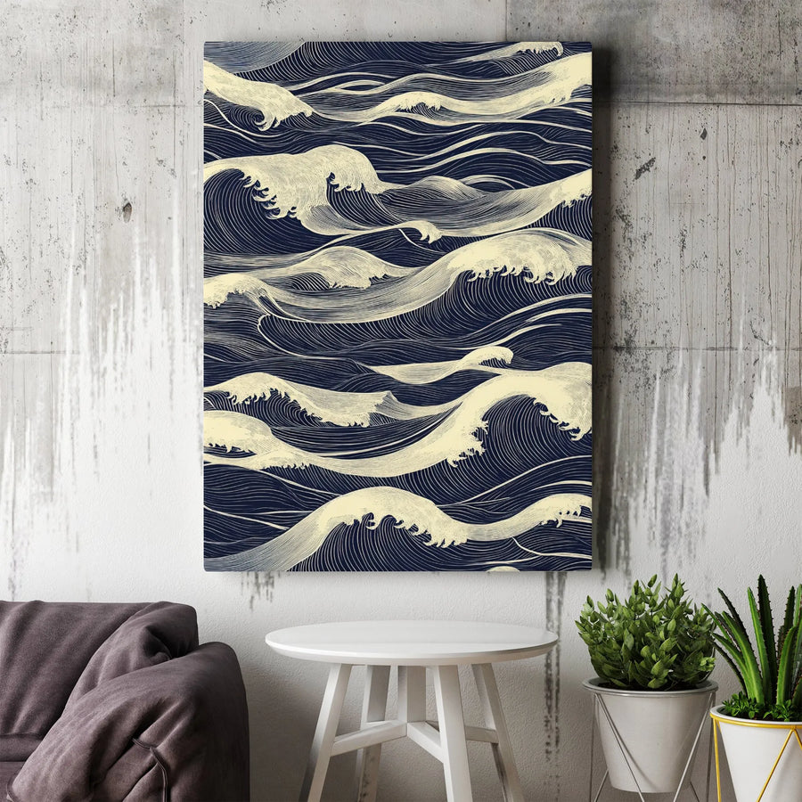 Japanese Ocean Waves Canvas Wall Art | Minimalist Navy Blue Line Drawing | Premium Gallery Wrapped Print | Modern Zen Home Decor Gift