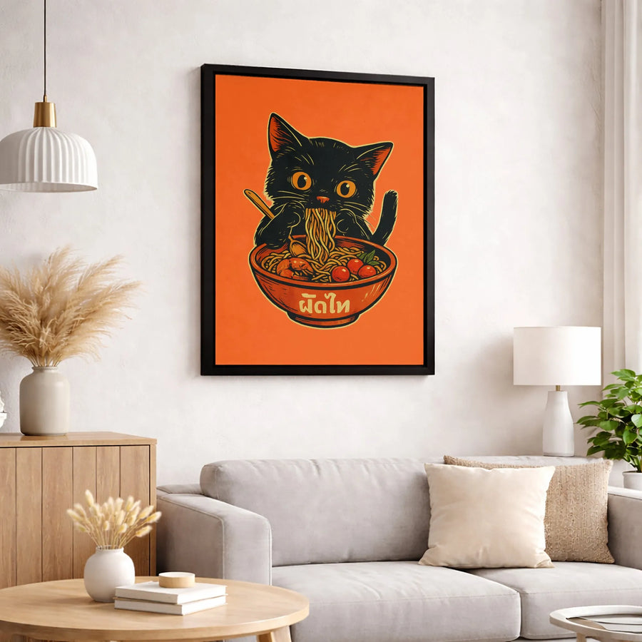 Black Cat Eating Pad Thai Noodles Canvas | Whimsical Asian Food Wall Art | Premium Gallery-Wrapped Print | Unique Kitchen Decor Gift