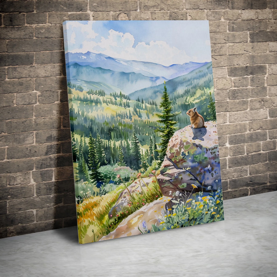 Mountain Pika Wall Art | Watercolor Alpine Landscape Print | 1.25 Inch Premium Gallery Canvas | Nature Lover Home Decor Gift