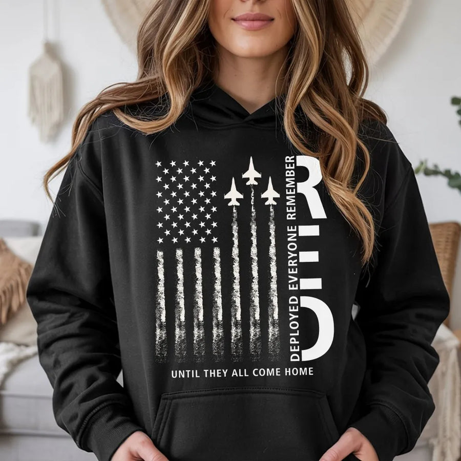 RED Friday Hoodie | Remember Everyone Deployed American Flag Jet Graphic | Premium Cotton | Patriotic Military Family Support Gift