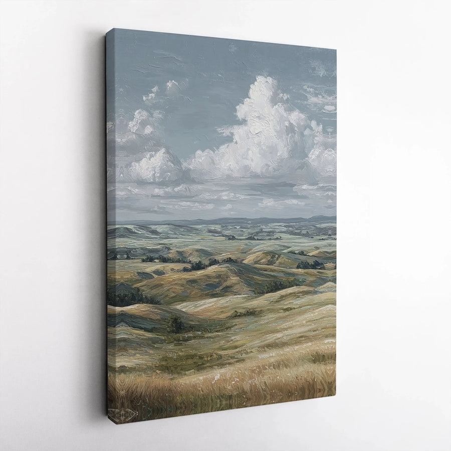 Landscape Painting Canvas Print | Vintage Countryside Scene with Textured Clouds | Premium Gallery Wrapped Art | Farmhouse Living Room Decor Gift