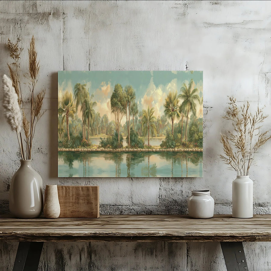 Vintage Tropical Landscape Canvas | Panoramic Palm Tree Painting | Premium Gallery Wrapped Canvas | Coastal Living Room Decor Gift