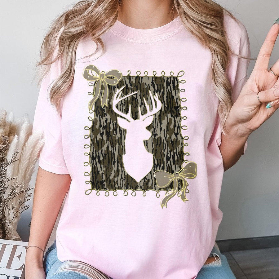 Deer Camo Bow T-Shirt | Preppy Coquette Aesthetic Hunting Print | 100% Cotton Premium Tee | Cute Fall Gift For Women And Hunters
