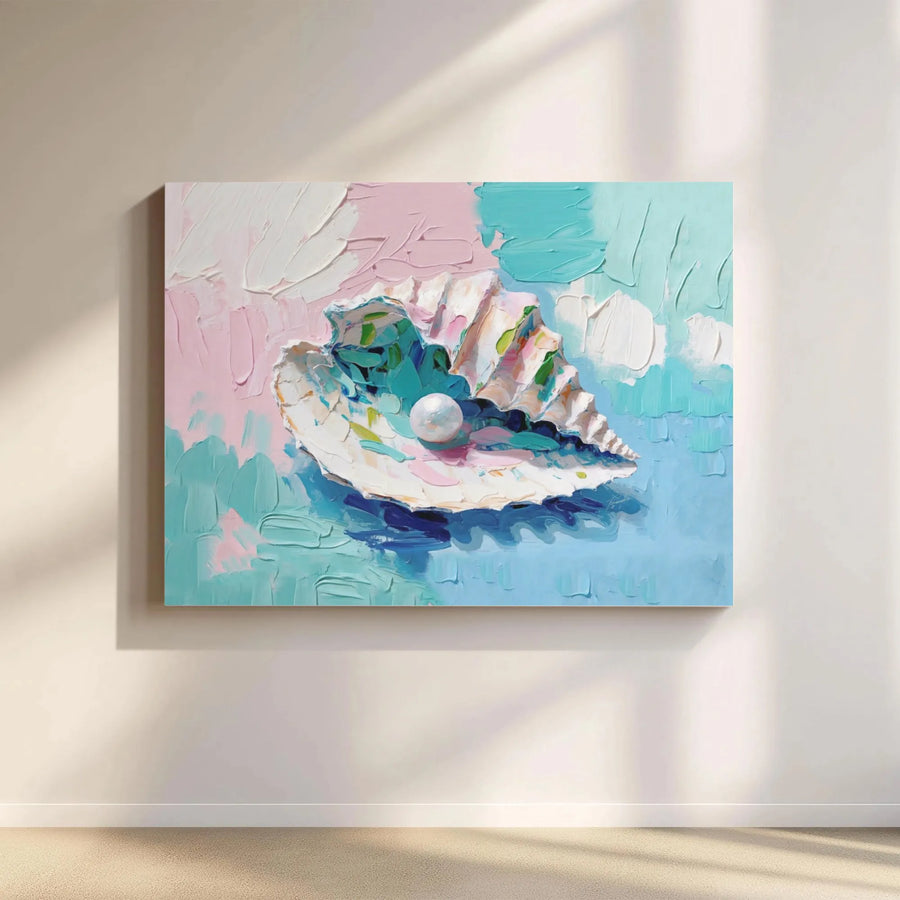 Seashell Pearl Canvas Art | Abstract Impasto Textured Ocean Painting | Premium Fade-Resistant Print | Elegant Coastal Home Decor Gift