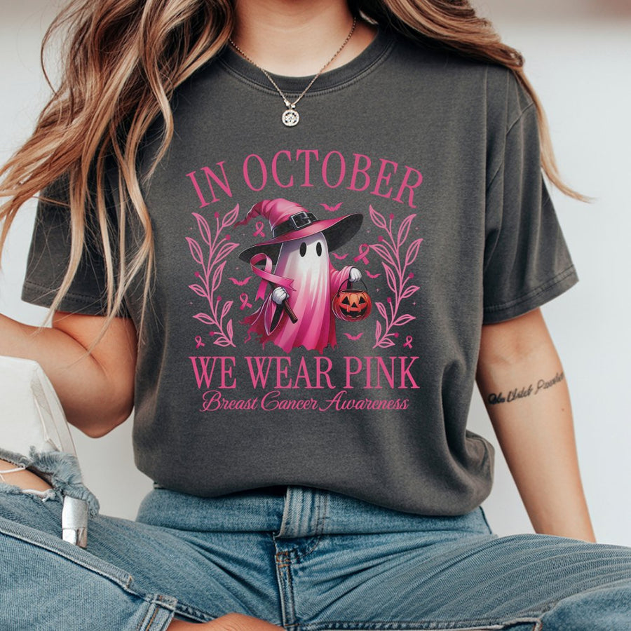 In October We Wear Pink T-Shirt | Halloween Ghost Breast Cancer Awareness | 100% Cotton Premium Tee | Support Survivor Gift For Women