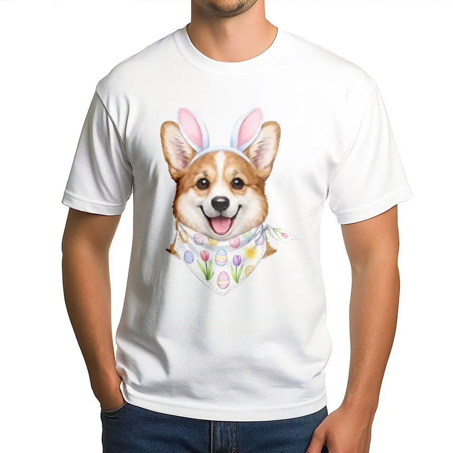 Corgi Easter Bunny T-Shirt | Watercolor Puppy With Floral Bandana Design | 100% Premium Cotton | Cute Spring Gift For Dog Lovers
