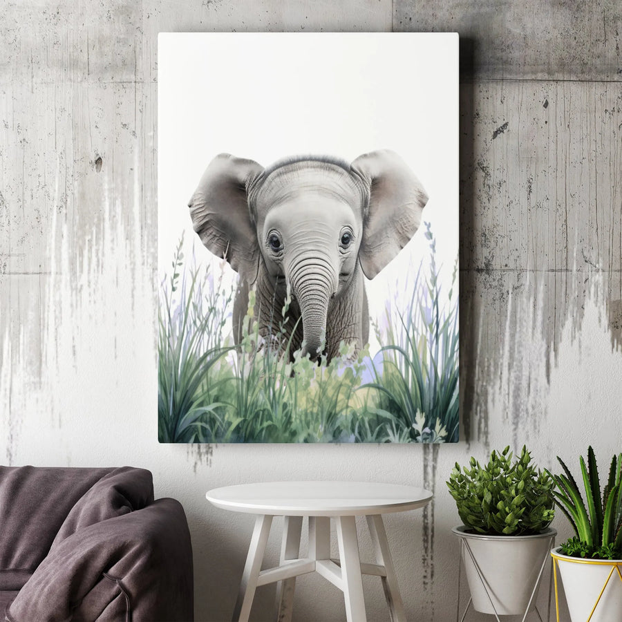 Baby Elephant Canvas Print | Watercolor Wildflower Nursery Wall Art | Premium Gallery Wrapped Decor | Cute Animal Wildlife Gift for Kids