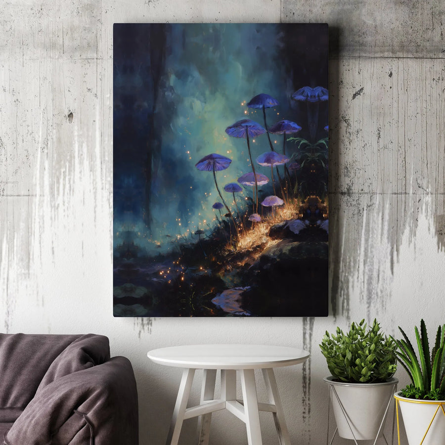 Bioluminescent Mushroom Wall Art | Enchanted Forest Purple Glow Canvas | Premium Gallery Wrapped Decor | Fantasy Nature Lover Gift