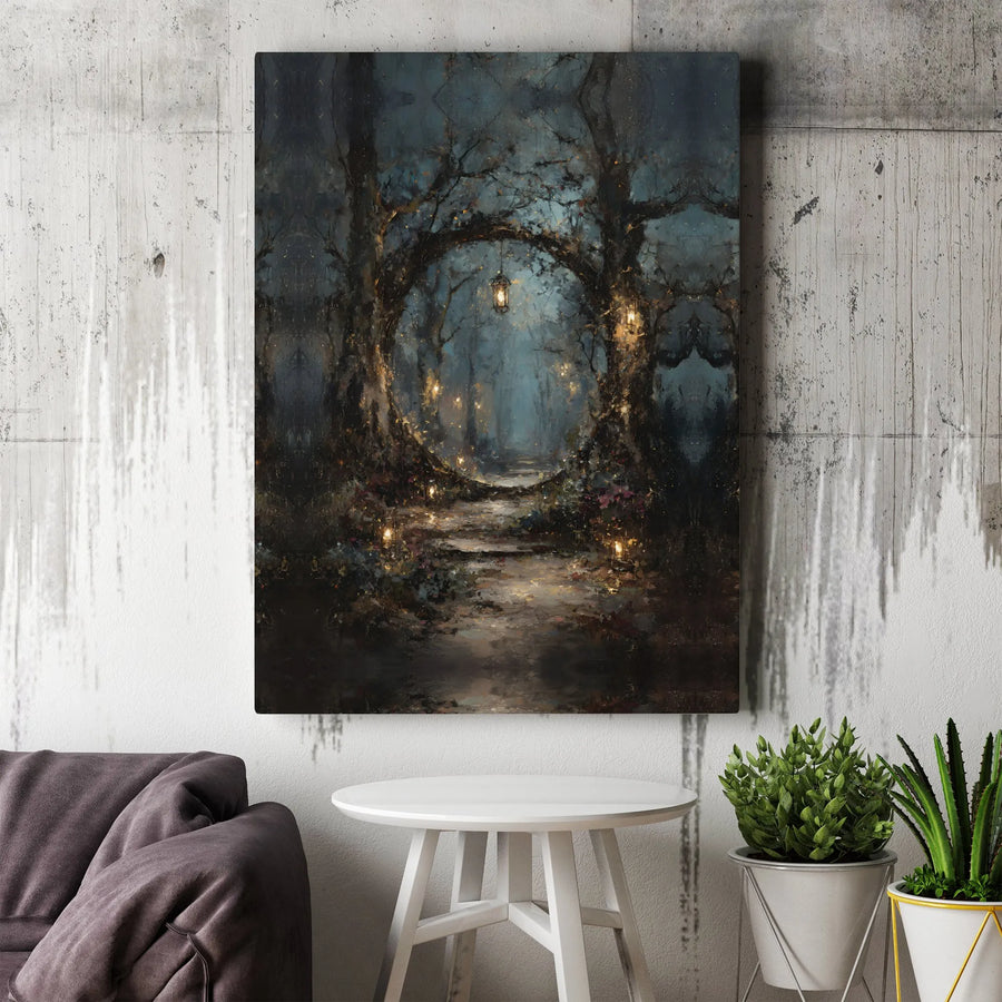 Enchanted Forest Canvas Wall Art | Moody Landscape with Magic Tree Portal | Premium Gallery Canvas Print | Gift for Fantasy Lover, Dark Academia Room Decor