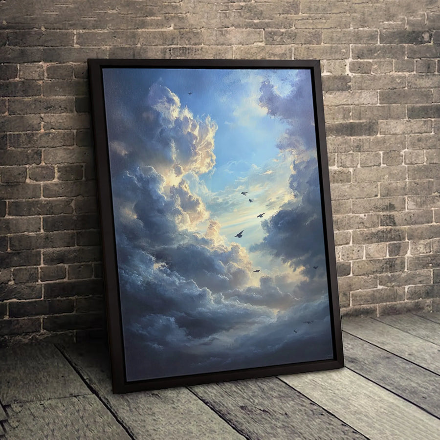 Cloudscape Canvas Wall Art | Dramatic Stormy Sky With Sunrays | Premium Gallery Wrapped Print | Inspirational Home Decor Gift
