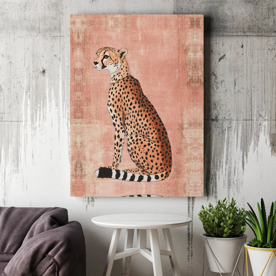 Cheetah Canvas Wall Art | Vintage Distressed Safari Illustration | Premium Gallery Wrapped Print | Boho Home Decor Gift For Animal Lovers