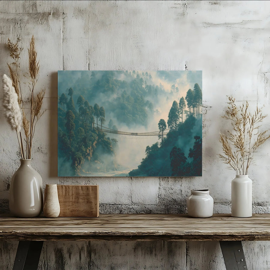 Foggy Forest Bridge Canvas Wall Art | Mist Covered Valley Landscape | Premium Gallery Wrap 1.25" Frame | Serene Nature Home Decor for Living Room