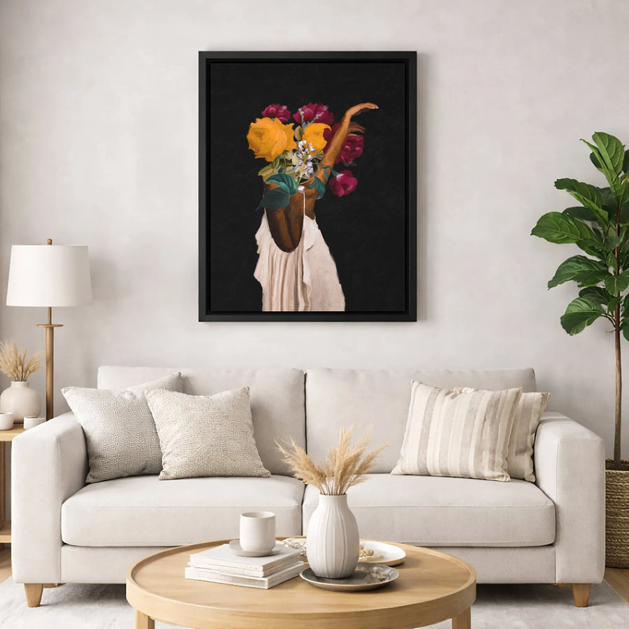Black Woman Floral Art Canvas | Abstract Botanical Portrait Print | Premium Gallery Wrapped Wall Decor | Statement Gift for Her Home Office