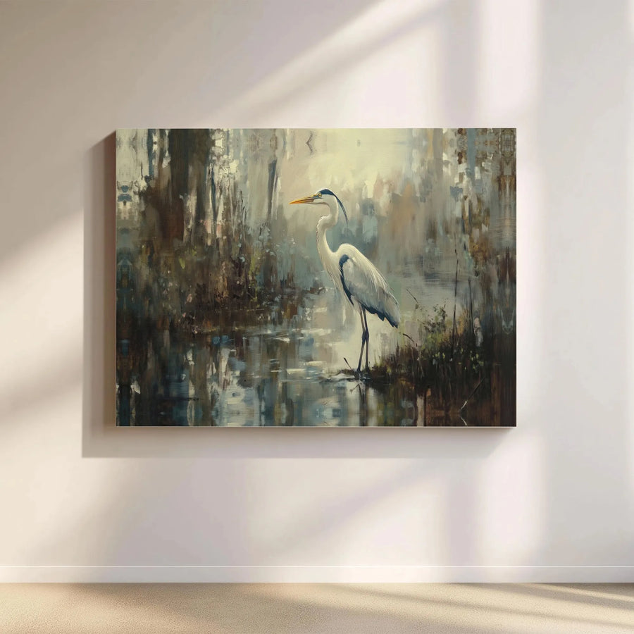 Great Blue Heron Canvas Wall Art | Impressionist Swamp Bird Painting | Premium Thick Stretched Canvas | Collector's Gift for Nature Lovers