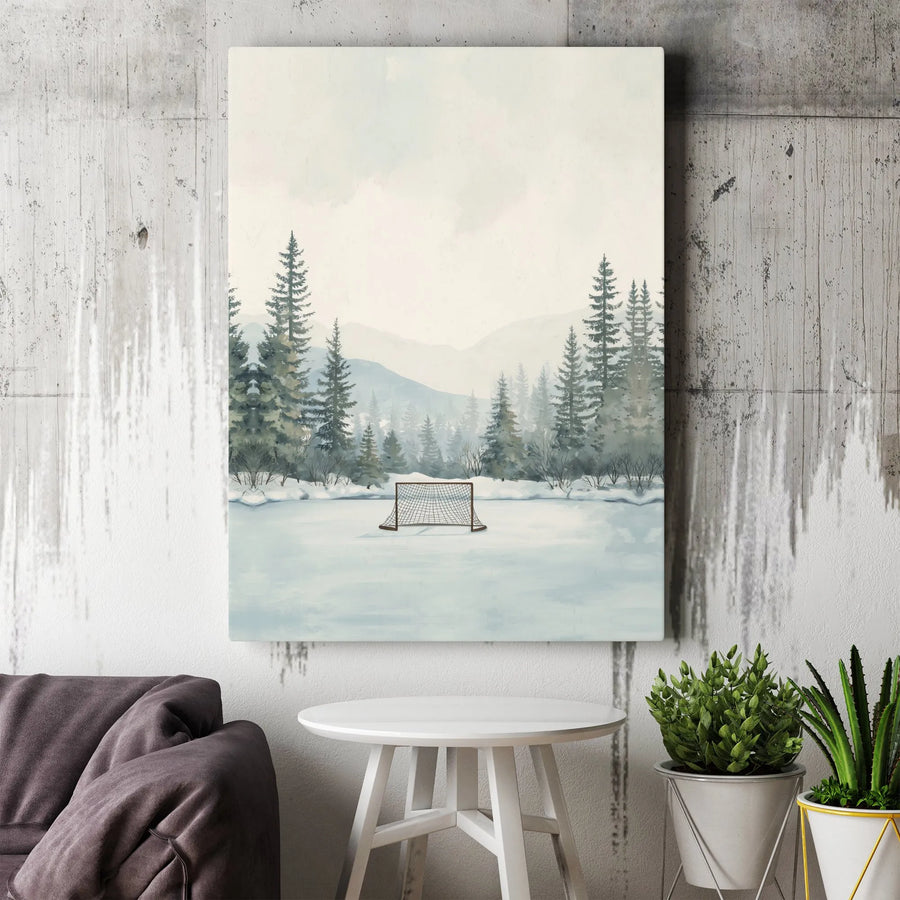Pond Hockey Canvas Wall Art | Watercolor Winter Landscape Painting | Premium Gallery Wrap | Gift for Hockey Player & Man Cave Decor