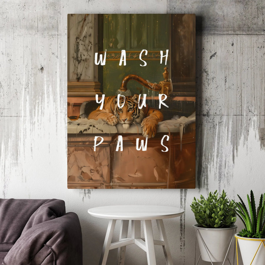 Wash Your Paws Tiger Wall Art | Funny Bathroom Decor | Premium Gallery Canvas | Gift for Animal Lovers