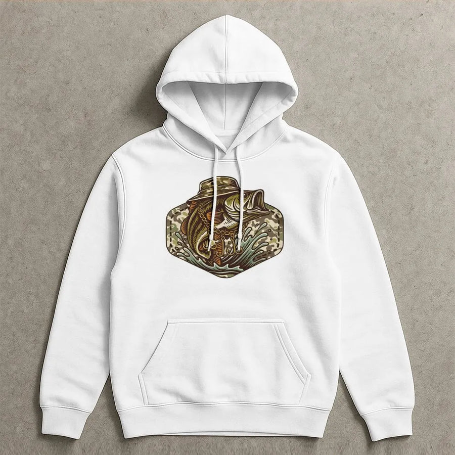 Fishing Hoodie | Bass Fish Wearing Camo Hat Graphic | Premium Cotton Blend | Gift for Anglers & Fisherman Enthusiasts