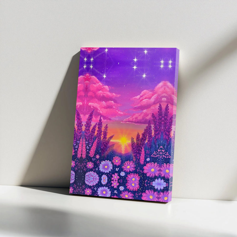 Purple Flower Field Canvas Art | Starry Night Sunset Landscape | Premium 1.25-Inch Gallery Wrap | Whimsical Boho Home Decor Wall Print