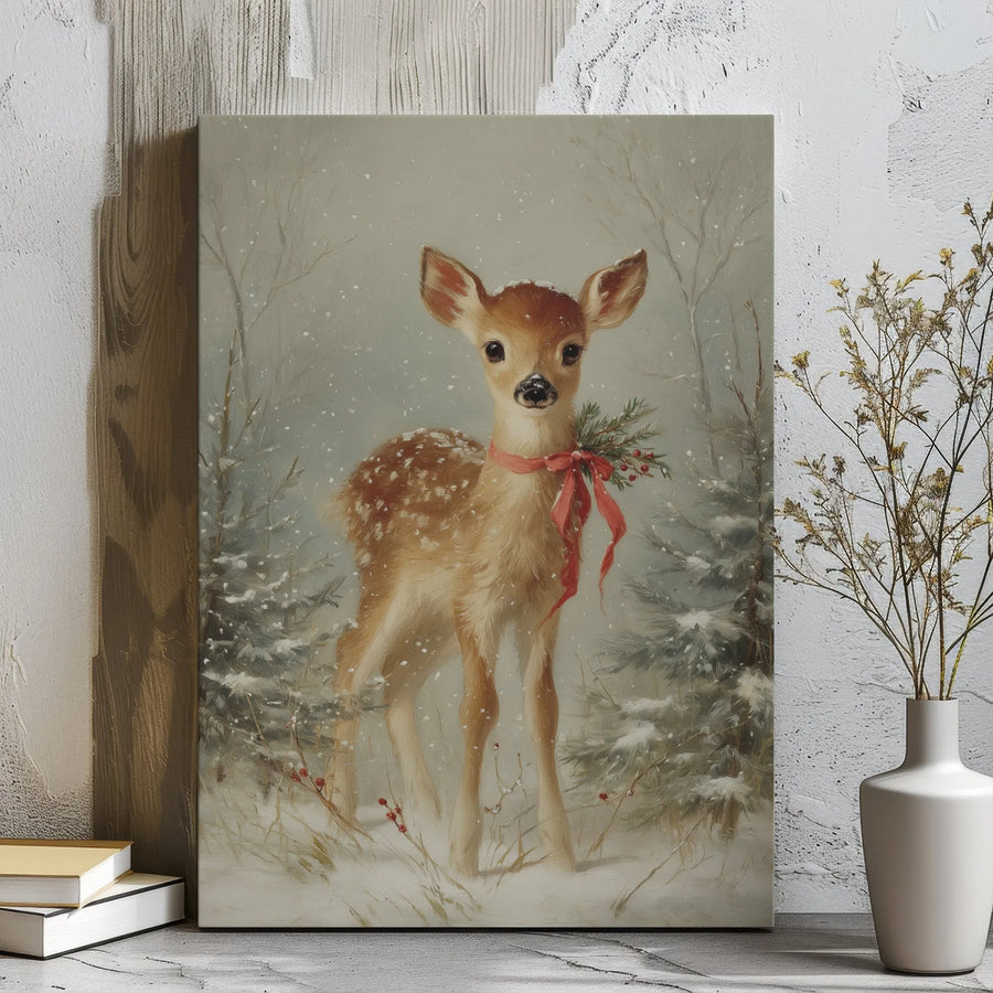 Vintage Christmas Fawn Canvas Wall Art | Snowy Forest Deer Holiday Decor | Premium Gallery Wrap Print | Festive Nursery and Winter Home Gift