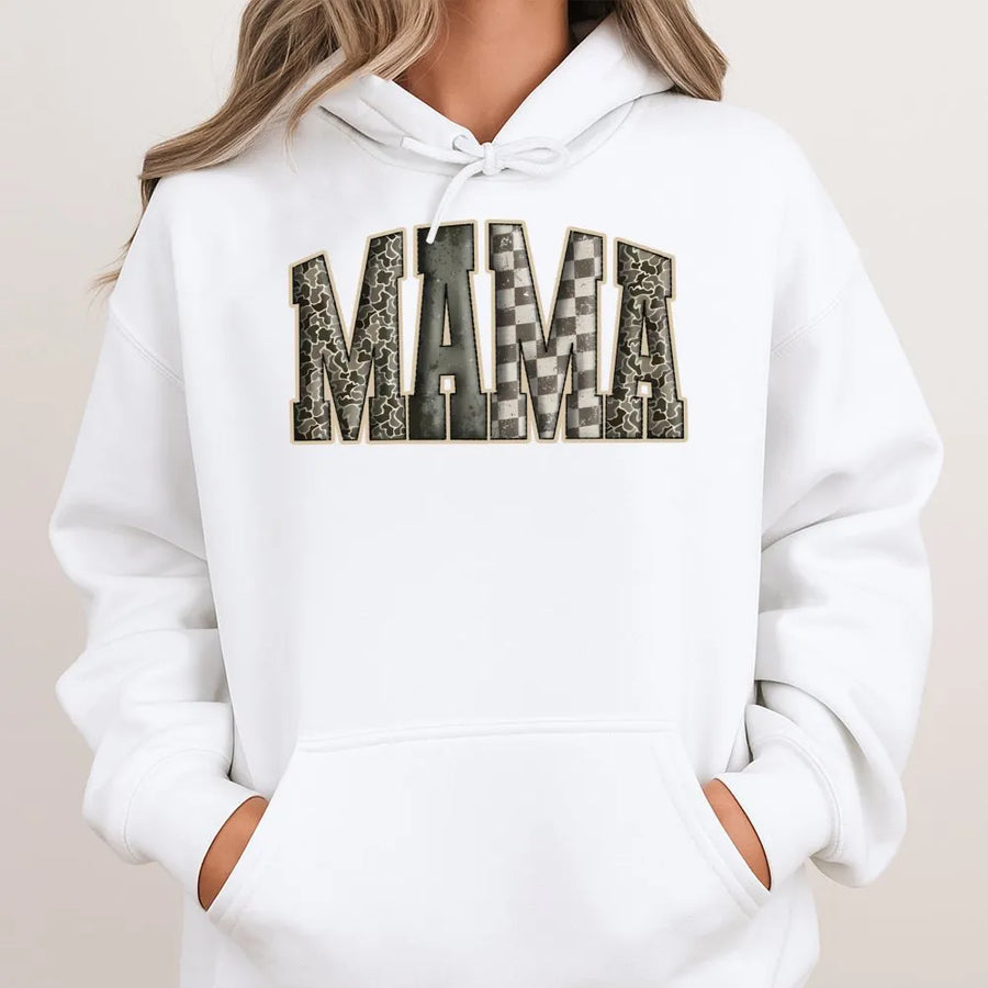 Camo Mama Hoodie | Varsity Letter Print Graphic Sweatshirt | Premium Cotton Blend | Trendy Gift for Mom, Hunting Lover or Outdoorsy Women