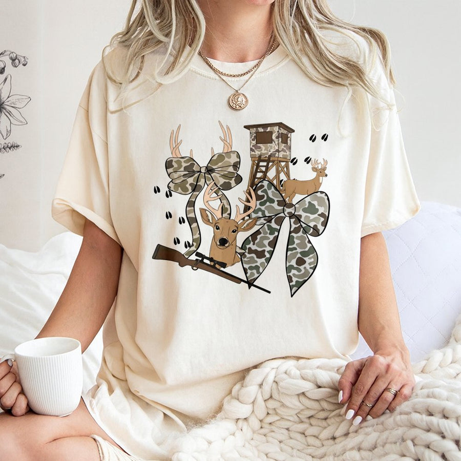 Deer Hunting T-Shirt | Camo Bow and Wildlife Graphic | 100% Cotton Premium Tee | Outdoorsy Gift for Hunters and Women Who Hunt