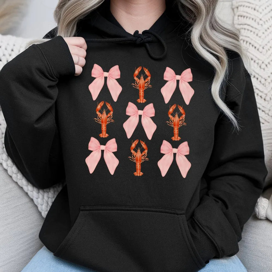 Crawfish Coquette Hoodie | Pink Bow Pattern Pullover | Soft Cotton Blend | Crawfish Boil Festival Gift for Her