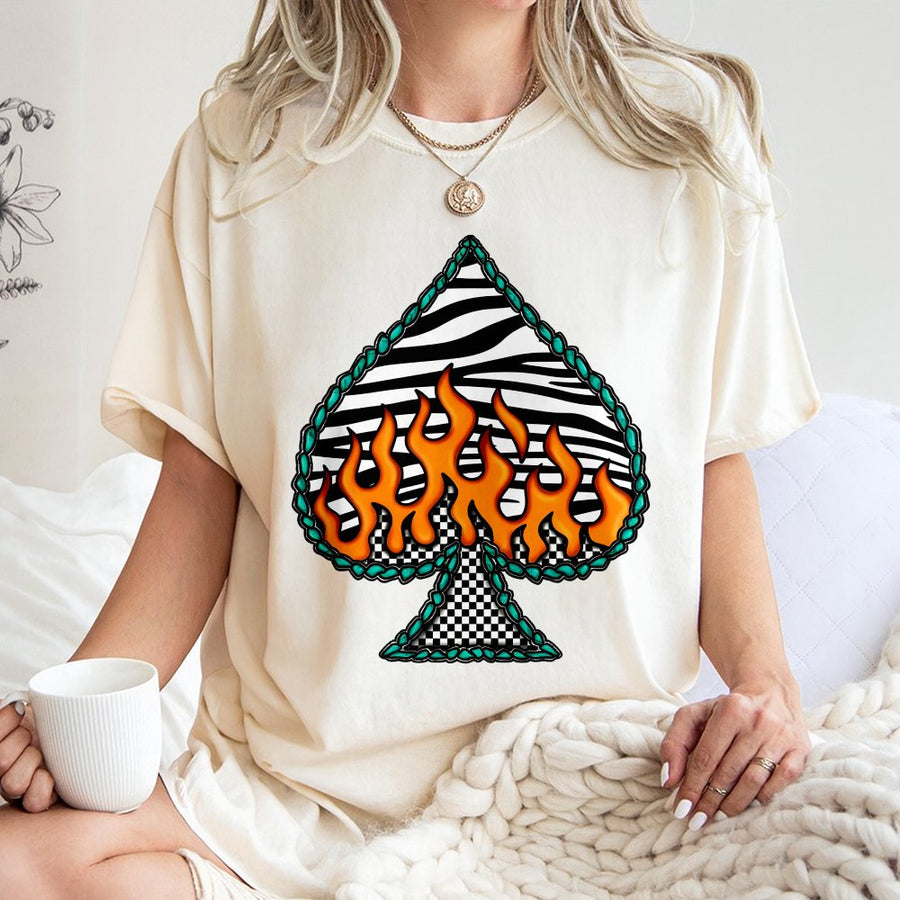 Spade Playing Card Graphic T-Shirt | Retro Zebra Print Fire Design | Premium 100% Cotton Tee | Gift for Western Cowgirl Style Lovers