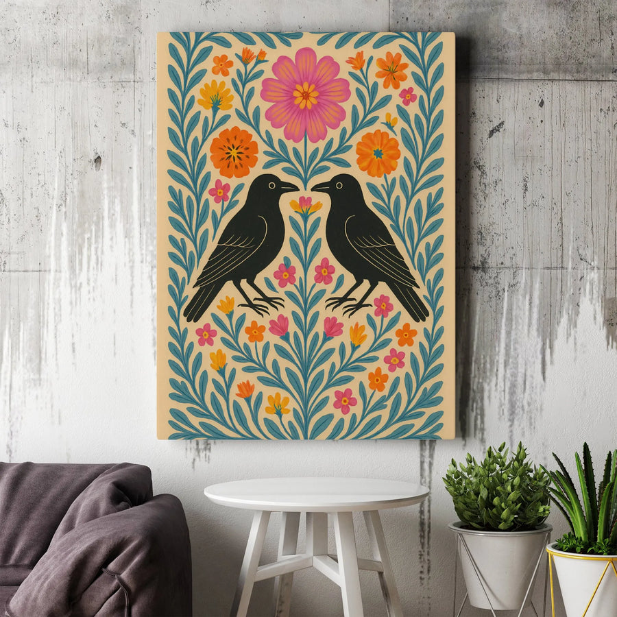 Folk Art Crow Canvas Wall Art | Botanical Floral Bird Illustration | Premium Gallery Wrapped Print | Nature Home Decor Gift for Bird Lovers