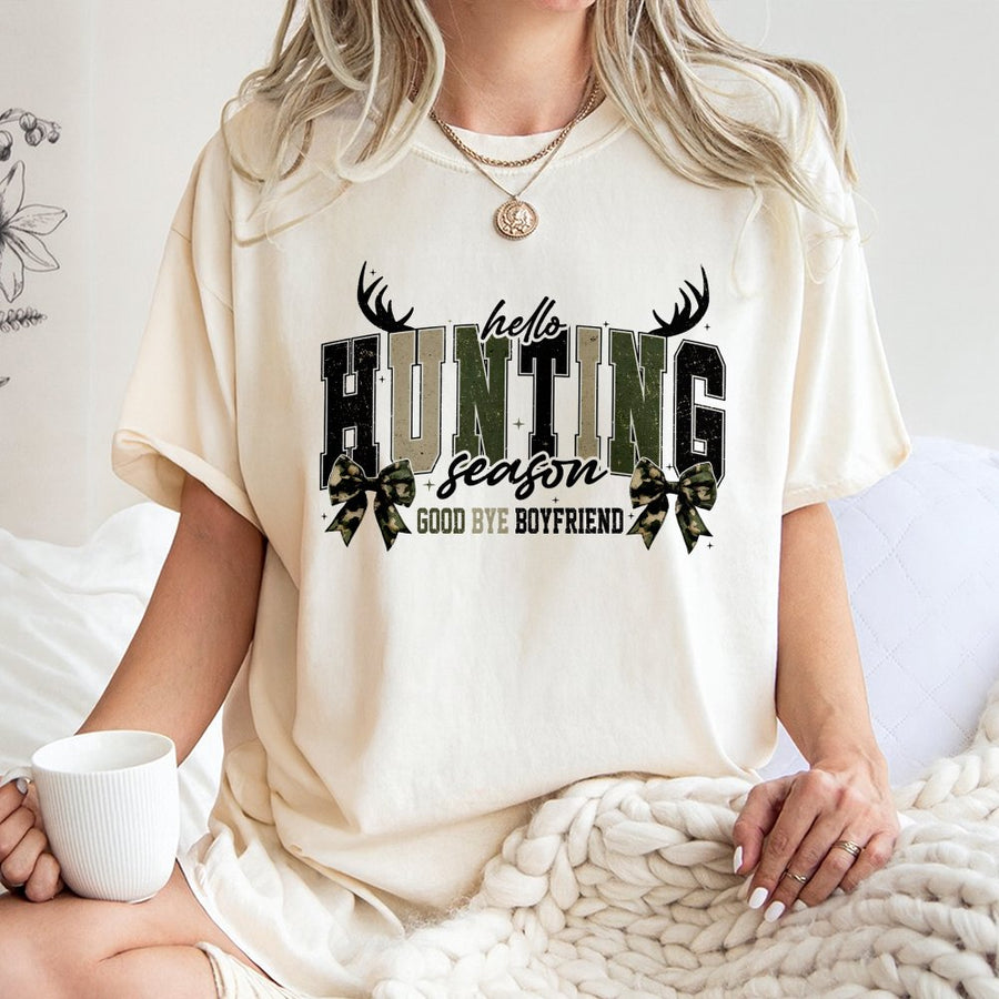 Hello Hunting Season Goodbye Boyfriend T-Shirt | Camo Bow Aesthetic Design | 100% Cotton Premium Tee | Funny Gift for Women Hunters