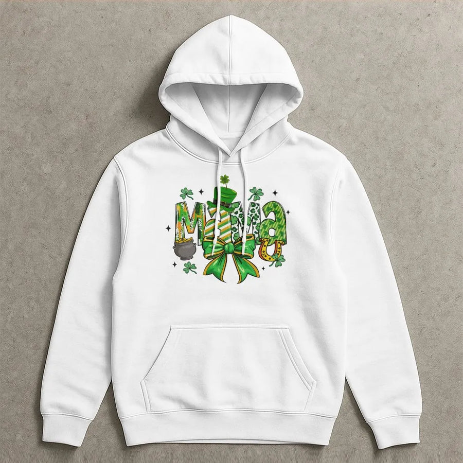 St. Patrick's Day Mama Hoodie | Lucky Irish Clover Graphic Design | Premium Cotton Blend | Gift for Mom and St. Patty's Day Celebration