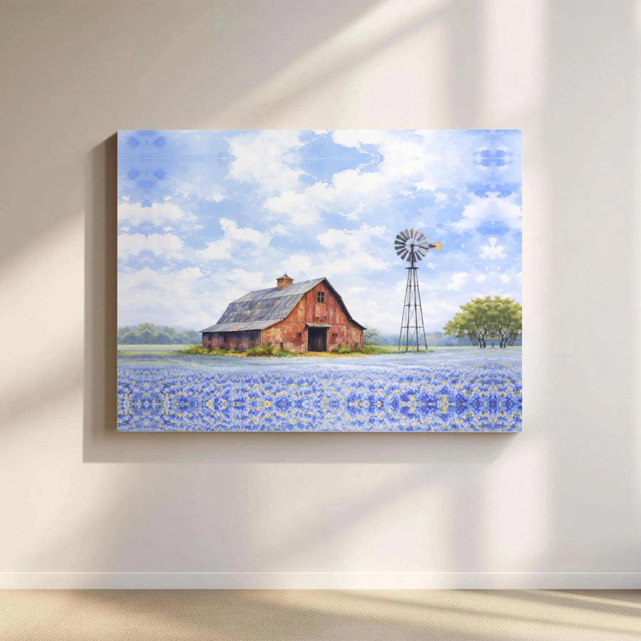 Texas Bluebonnet Canvas Wall Art | Rustic Red Barn and Windmill Painting | Premium Gallery Wrapped Art | Farmhouse Living Room Decor Gift